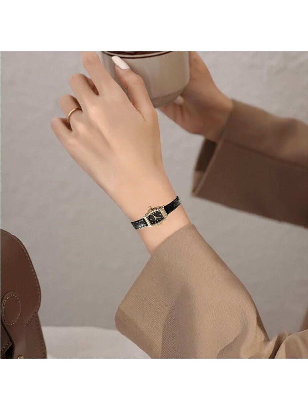 Women's Black Gold Vintage Retro Elegant Dress Rectangular Case Wrist Watch - Picture 2 of 7
